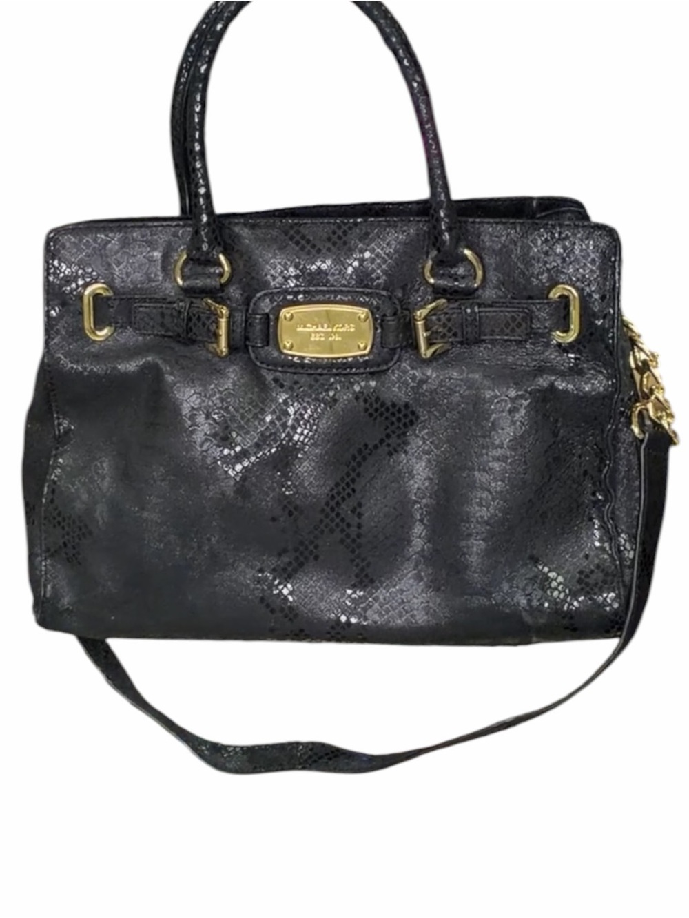 Michael Kors Hamilton Black Python Embossed Leather Satchel Shoulder Bag Gold
